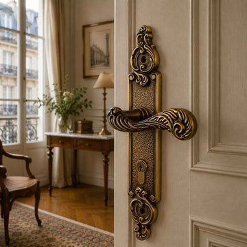 2 poignées de porte sur plaque SULLY, Trou de cylindre - entrée - bureau - service, Finition laiton patiné aspect vieilli, Entraxe standard 195 mm