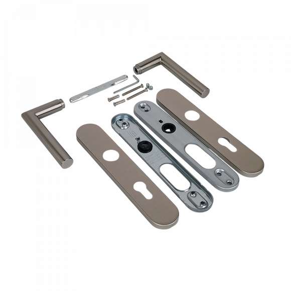 2 poignées de porte universelles Dualfit sur plaque ronde BRUNELLA, Trou de cylindre - entrée - bureau - service, Finition Acier nickel mat bi-entraxe 165-195