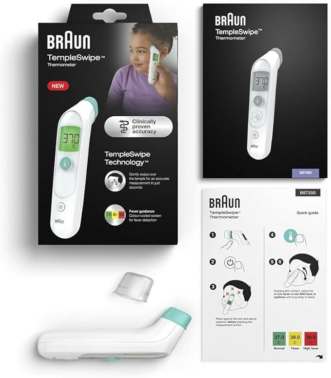 Braun TempleSwipe Thermomètre frontal (affichage de la température à code couleur, sûr, hygiénique, rapide, cliniquement précis, doux, facile à utiliser, pour tous les âges) BST200 - 0