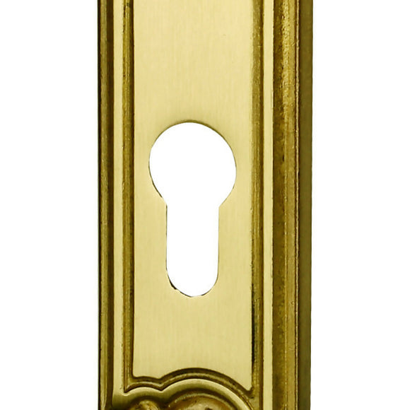 2 poignées de porte sur plaque LOUIS XV, Trou de cylindre - entrée - bureau, Finition zamak doré patiné, Entraxe standard 195 mm