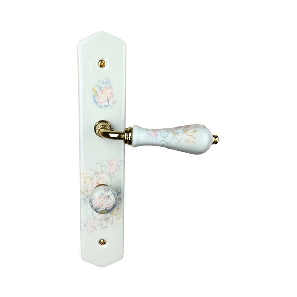 2 poignées de porte ROSAE, Verrou de condamnation pour salles de bain/WC, Porcelaine de Limoges, Finition coude doré, Entraxe standard 195 mm