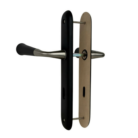 2 poignées de porte sur plaque CLEO, Entrée de clé pour chambre, Finition bois noir, Entraxe standard 195 mm