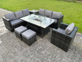 Fimous extérieur en rotin meubles d’angle de jardin à feu au gaz ensembles de Table chauffe à gaz chaise longue petit repose-pieds gris foncé 9 places