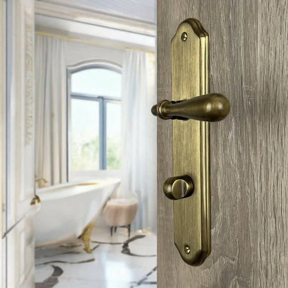2 poignées de porte sur plaque CARINA, Verrou de condamnation pour salle de bain/WC, Finition laiton patiné, Entraxe standard 195 mm
