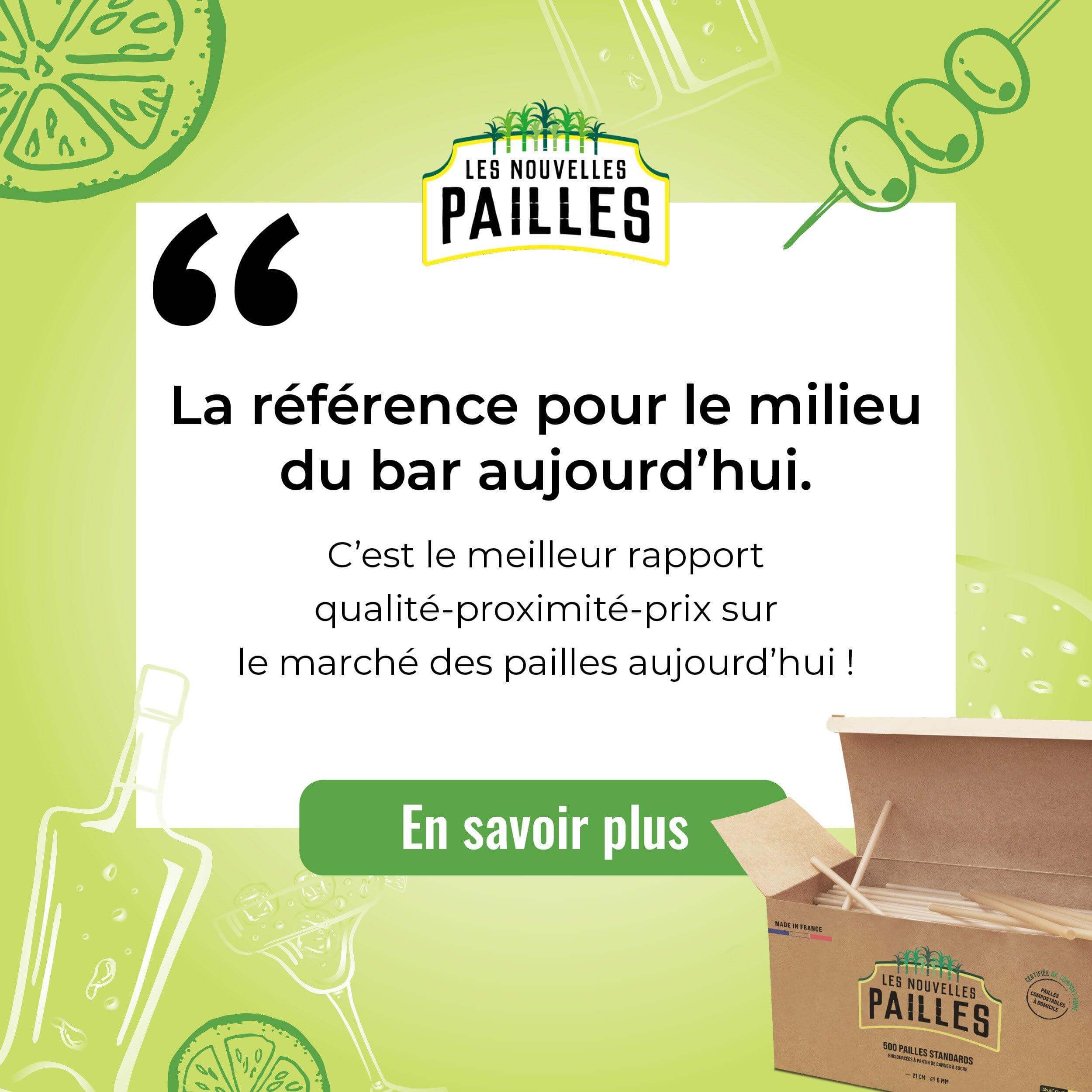 Citation about quality straws for the bar industry with logo and a box in a vibrant design.