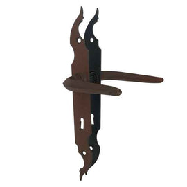 2 poignées de porte sur plaque CELTIQUE, Entrée de clé pour chambre, Finition acier aspect fer forgé rouille, Entraxe standard 195 mm