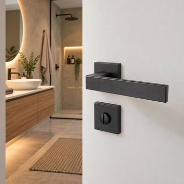 2 poignées de porte sur rosace LOFT, Verrou de condamnation pour salles de bain/WC Finition métal noir mat
