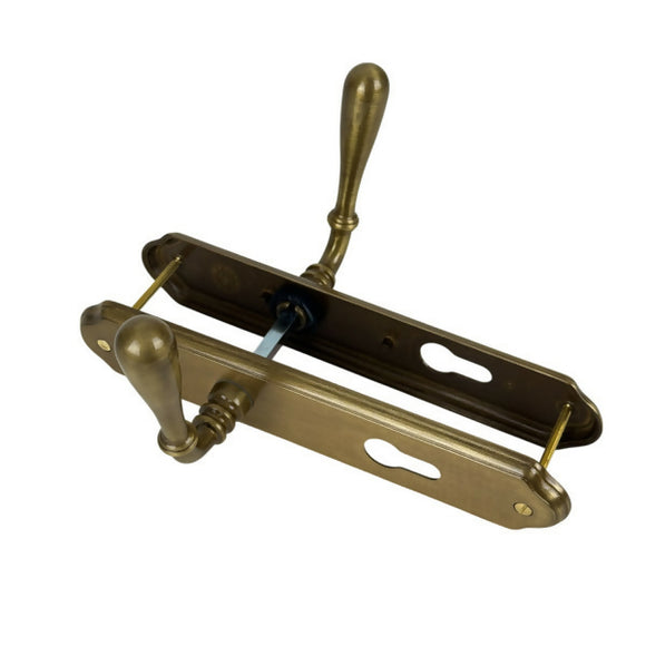 2 poignées de porte sur plaque CARINA, Trou de cylindre - entrée - bureau - service, Finition laiton patiné, Entraxe standard 195 mm