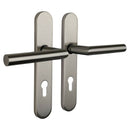 2 poignées de porte universelles Dualfit sur plaque ronde BRUNELLA, Trou de cylindre - entrée - bureau - service, Finition Acier nickel mat bi-entraxe 165-195