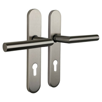 2 poignées de porte universelles Dualfit sur plaque ronde BRUNELLA, Trou de cylindre - entrée - bureau - service, Finition Acier nickel mat bi-entraxe 165-195