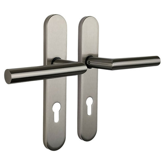 2 poignées de porte universelles Dualfit sur plaque ronde BRUNELLA, Trou de cylindre - entrée - bureau - service, Finition Acier nickel mat bi-entraxe 165-195