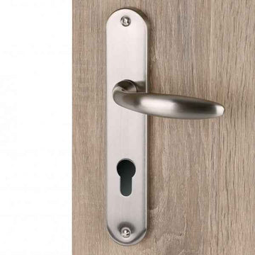 2 poignées de porte sur plaque CHAMBON, Trou de cylindre - entrée - bureau - service, Finition aluminium nickel mat, Entraxe standard 195 mm