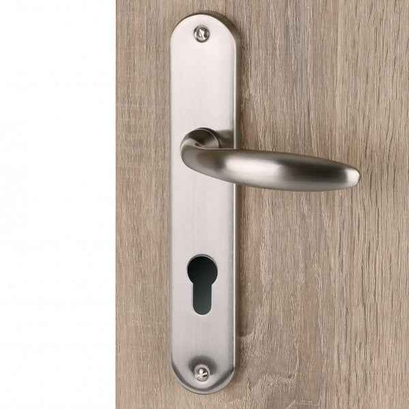 2 poignées de porte sur plaque CHAMBON, Trou de cylindre - entrée - bureau - service, Finition aluminium nickel mat, Entraxe standard 195 mm