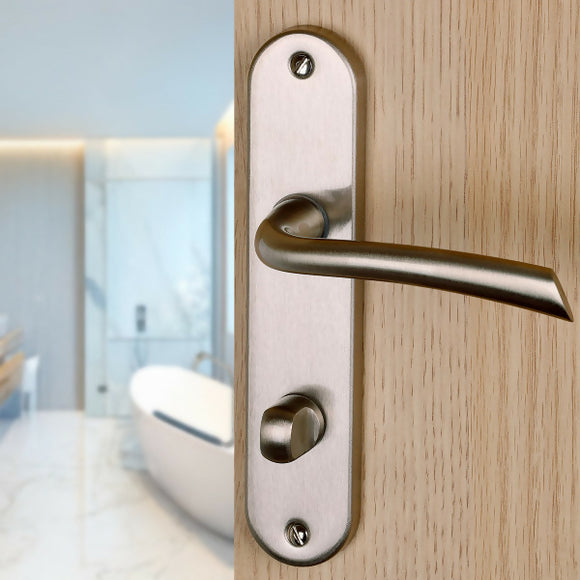 2 poignées de porte sur plaque RHAPSODIE, Verrou condamnation pour salle de bain/WC, Finition zamak nickel mat, Entraxe 165 mm