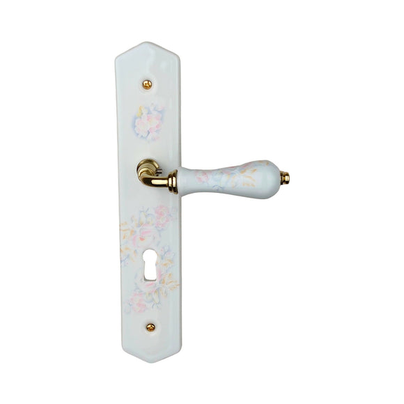 2 poignées de porte ROSAE, Entrée de clé pour chambre, Porcelaine de Limoges, Finition coude doré, Entraxe standard 195 mm
