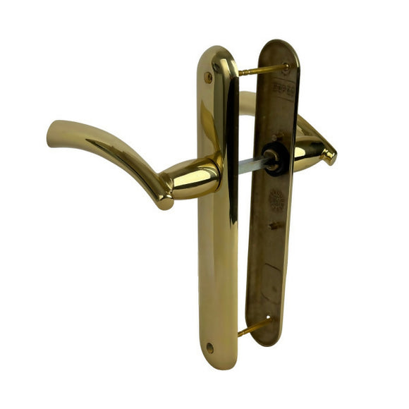 2 poignées de porte sur plaque TAMARA, Sans trou pour pièce à vivre, Finition laiton doré poli, Entraxe standard 195 mm