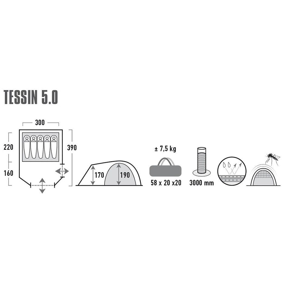 Tente dôme/igloo high peak tessin 5.0 climate protection 80 noir bleu gris