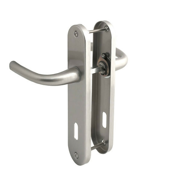 2 poignées de porte sur plaque RHAPSODIE, Entrée de clé pour chambre, Finition zamak nickel mat, Entraxe 165 mm