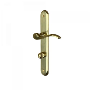 2 poignées de porte sur plaque AGATHE, Verrou de condamnation pour salle de bain/WC, Finition laiton poli, Entraxe standard 195 mm