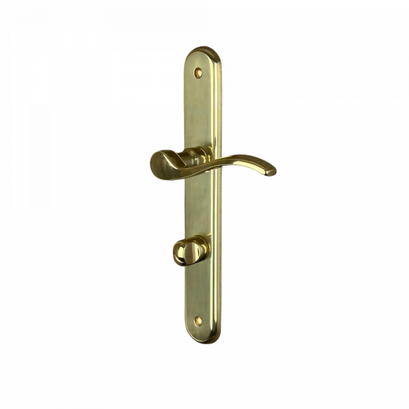2 poignées de porte sur plaque AGATHE, Verrou de condamnation pour salle de bain/WC, Finition laiton poli, Entraxe standard 195 mm