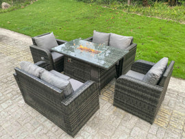 Fimous Rotin Mobilier D’Extérieur Cheminée Au Gaz Table Rectangulaire Chauffage Au Gaz Chaise Longue Allongée Love Sofa Ensemble 6 Places