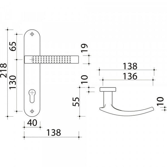 2 poignées de porte sur plaque AUDACE, Trou de cylindre - entrée - bureau, Finition aluminium nickel mat, Entraxe standard 195 mm