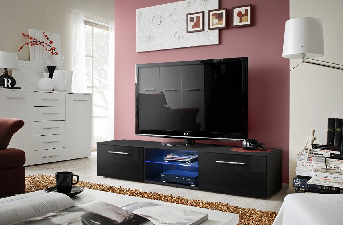 Meuble TV BERN2 en prunier et noir de haute brillance 120x37x45 cm clicktofournisseur.com