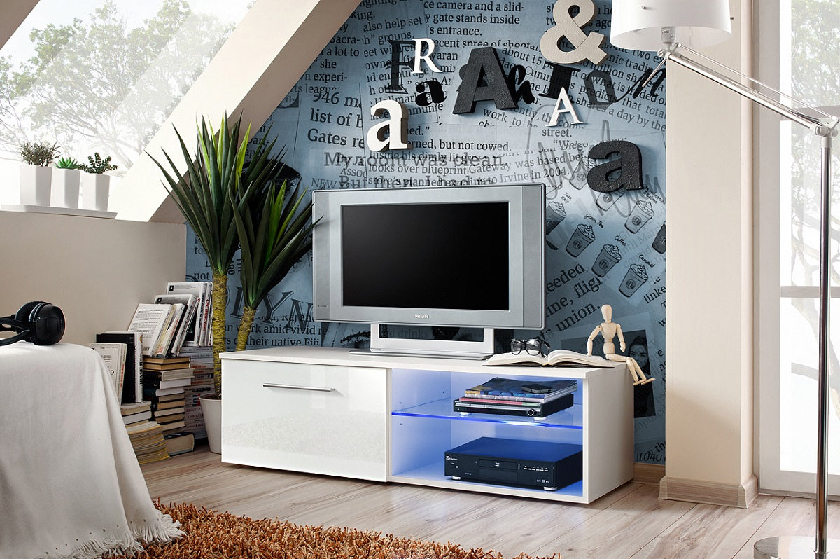 Meuble TV bicolore FLY35 à suspendre 160x30x40cm - blanc et noir de haute brillance avec LED clicktofournisseur.com