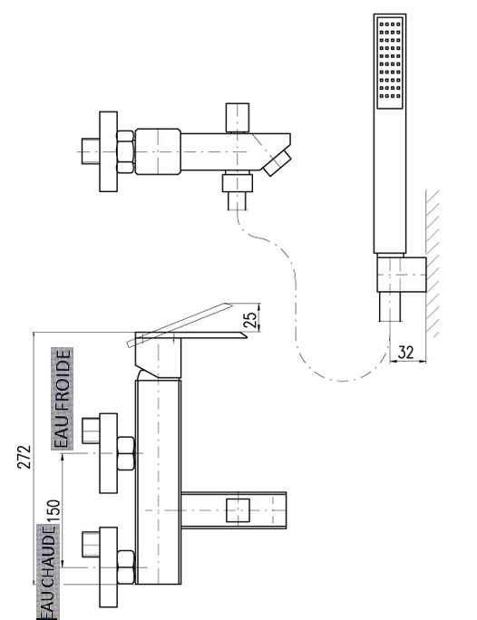 Mitigeur baignoire loira en chrome avec douchette avec support mural fixe - Clicktofournisseur.com