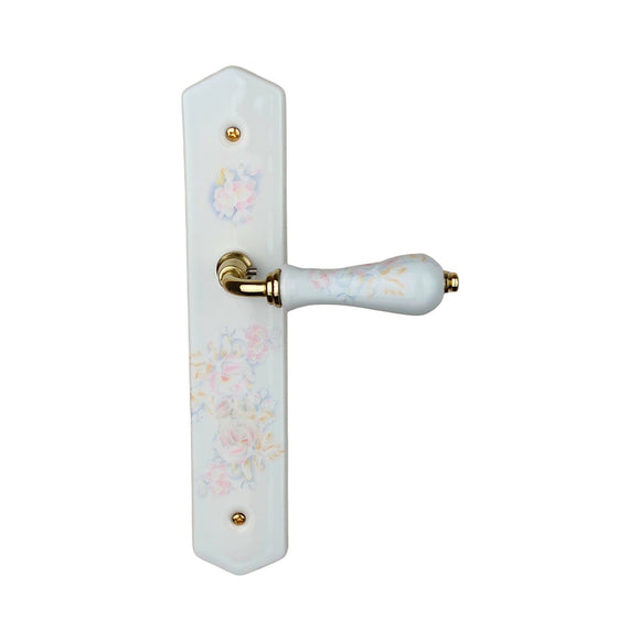 2 poignées de porte ROSAE, Sans trou pour pièce à vivre, Porcelaine de Limoges, Finition coude doré, Entraxe standard 195 mm