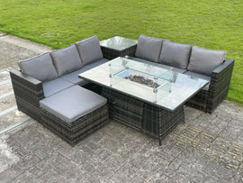 Fimous extérieur PE rotin meubles d’angle de jardin foyer à gaz ensembles de Table chauffe à gaz salon grand repose-pieds gris foncé 7 places