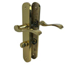 2 poignées de porte sur plaque LAURA, Verrou de condamnation pour salle de bain/WC, Finition laiton doré poli PVD titane, Entraxe standard 195 mm