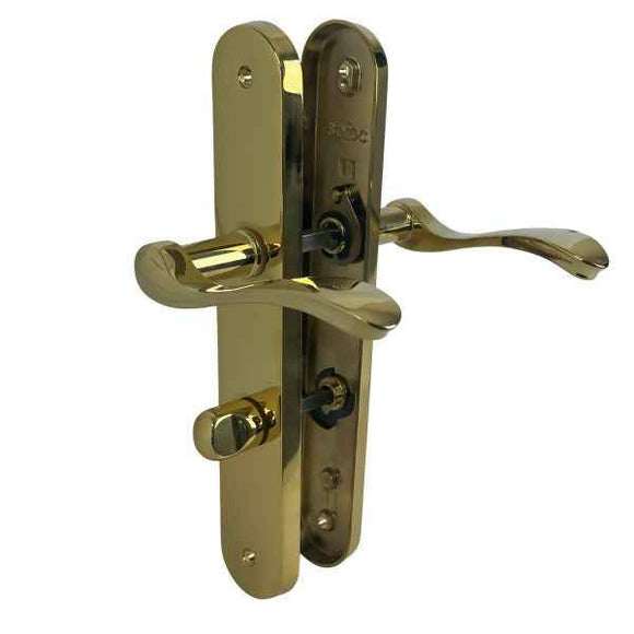 2 poignées de porte sur plaque LAURA, Verrou de condamnation pour salle de bain/WC, Finition laiton doré poli PVD titane, Entraxe standard 195 mm