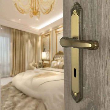 2 poignées de porte sur plaque ISABELLA, Entrée de clé pour chambre, Finition laiton patiné, Entraxe standard 195 mm