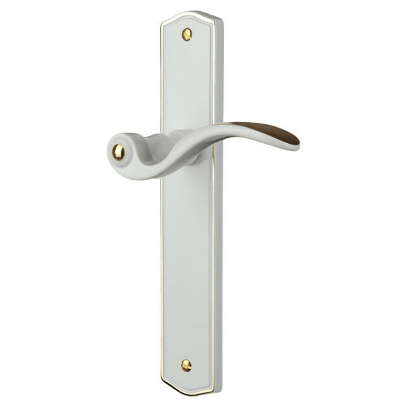 2 poignées de porte sur plaque EVITA, Sans trou pour pièce à vivre, Finition laiton blanc liseré doré, Entraxe standard 195 mm