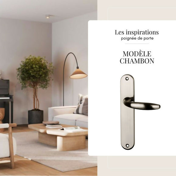 2 poignées de porte sur plaque CHAMBON, Sans trou pour pièce à vivre, Finition aluminium nickel mat, Entraxe standard 195 mm