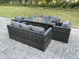 Fimous Extérieur Rotin Meubles De Jardin Foyer Au Gaz Ensemble De Table Chauffage Au Gaz Chaise Longue Gris Foncé 8 Places