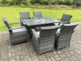 Fimous meubles de jardin en rotin extérieur foyer à gaz Table à manger Rectangle et chaises à manger 6 places