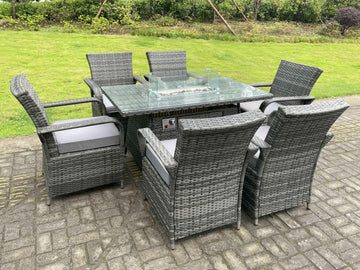 Fimous meubles de jardin en rotin extérieur foyer à gaz Table à manger Rectangle et chaises à manger 6 places