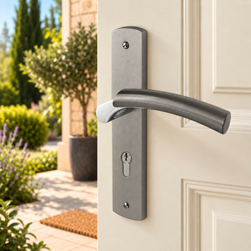 2 poignées de porte LUXOR, Trou de cylindre - entré - bureau - service, Finition Laiton bicolore chrome/nickel mat, Entraxe standard 195 mm