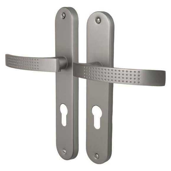 2 poignées de porte sur plaque AUDACE, Trou de cylindre - entrée - bureau, Finition aluminium nickel mat, Entraxe standard 195 mm
