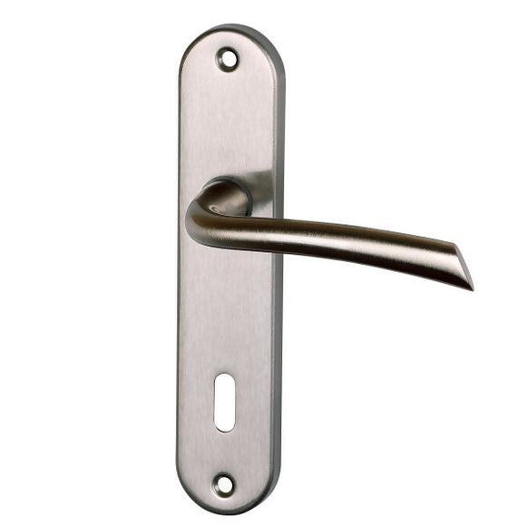 2 poignées de porte sur plaque RHAPSODIE, Entrée de clé pour chambre, Finition zamak nickel mat, Entraxe 165 mm