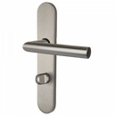 2 poignées de porte universelles Dualfit sur plaque ronde BRUNELLA, Verrou condamnation pour salle de bain/WC, Finition Acier nickel mat bi-entraxe 165-195