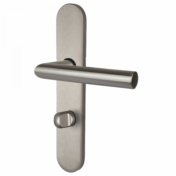2 poignées de porte universelles Dualfit sur plaque ronde BRUNELLA, Verrou condamnation pour salle de bain/WC, Finition Acier nickel mat bi-entraxe 165-195