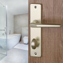 2 poignées de porte sur plaque CHAMONIX, Verrou de condamnation pour salle de bain/WC, Finition aluminium anodisé F2 doré, Entraxe 165 mm-1