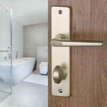 2 poignées de porte sur plaque CHAMONIX, Verrou de condamnation pour salle de bain/WC, Finition aluminium anodisé F2 doré, Entraxe 165 mm