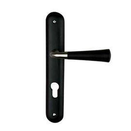 2 poignées de porte sur plaque CLEO, Trou de cylindre - entrée - bureau - service, Finition bois noir, Entraxe standard 195 mm