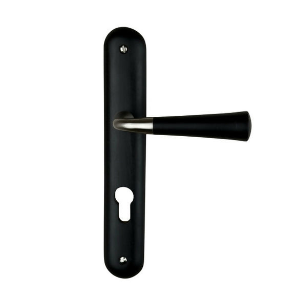2 poignées de porte sur plaque CLEO, Trou de cylindre - entrée - bureau - service, Finition bois noir, Entraxe standard 195 mm