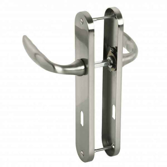 2 poignées de porte sur plaque CHAMBON, Entrée de clé pour chambre, Finition aluminium nickel mat, Entraxe standard 195 mm