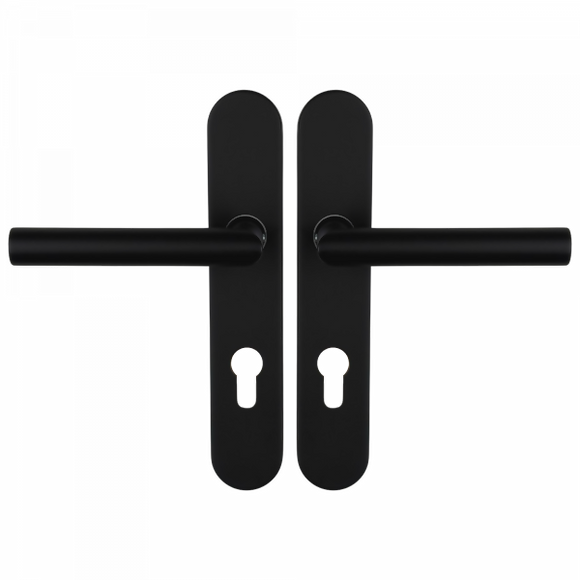 2 poignées de porte universelles Dualfit sur plaque ronde BRUNELLA, Trou de cylindre - entrée - bureau - service, Finition Acier noir mat bi-entraxe 165-195
